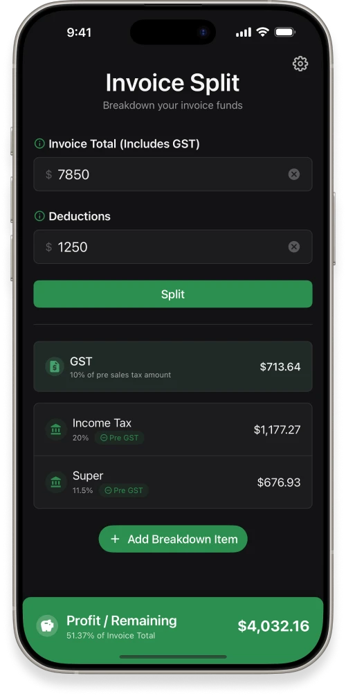 Invoice Split app mockup screenshot (dark mode)