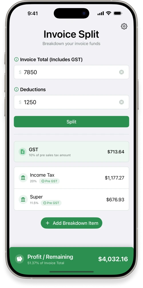 Invoice Split app mockup screenshot (light mode)
